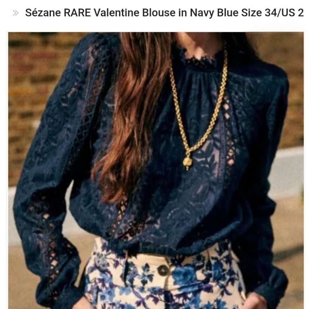 RARE Sezane Navy Lace Long-Sleeve Blouse - Picture 6 of 12